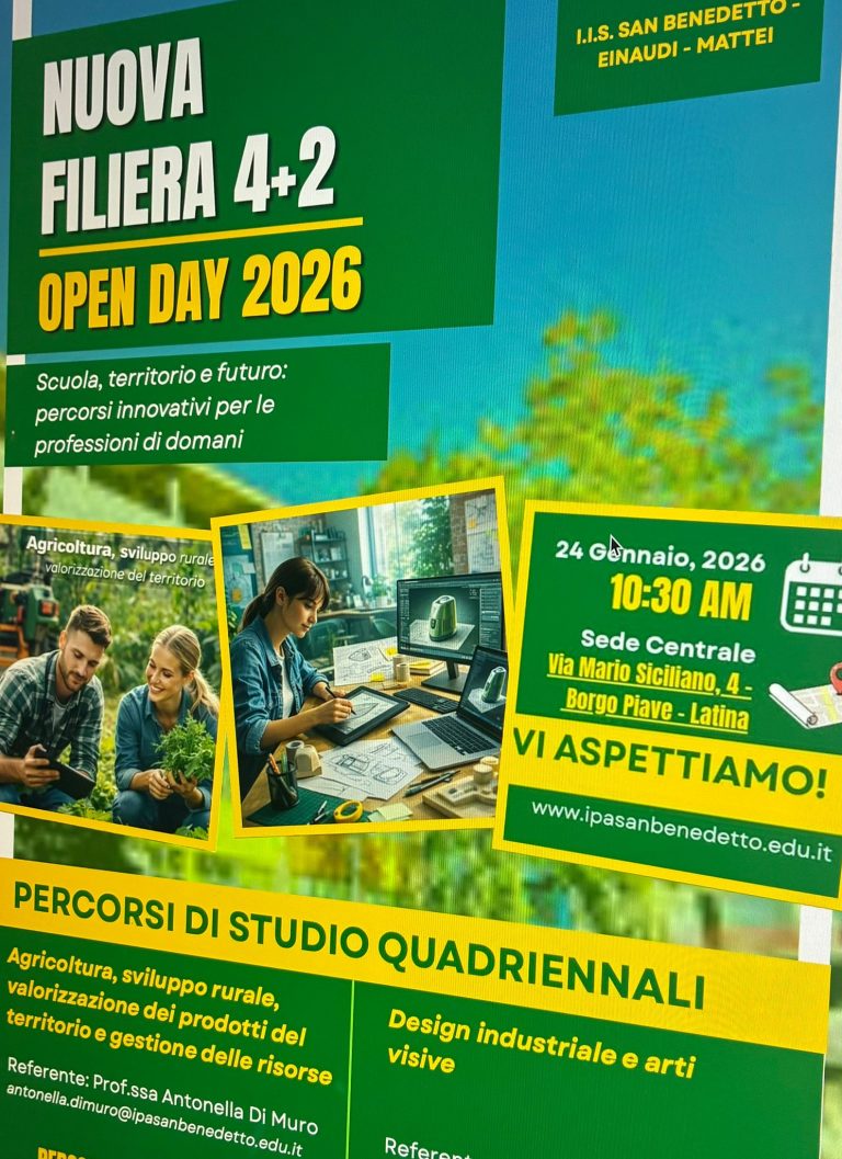 L’I.I.S. “San Benedetto-Einaudi-Mattei” di Latina apre le porte alla nuova filiera 4+2: domani l’Open Day